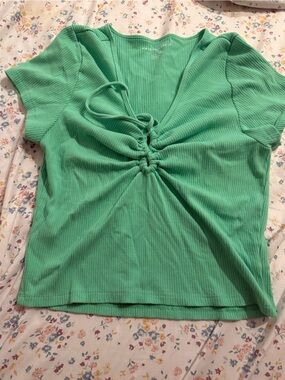 American Eagle Outfitters Green Ribbed V-Neck Tie-Front Top